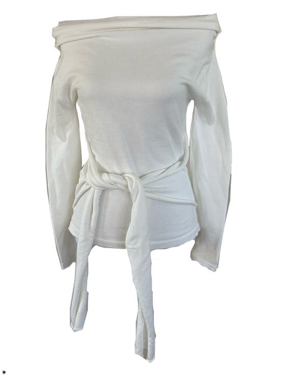 Sweaters - White Off-Shoulder Knit Top with Waist Tie